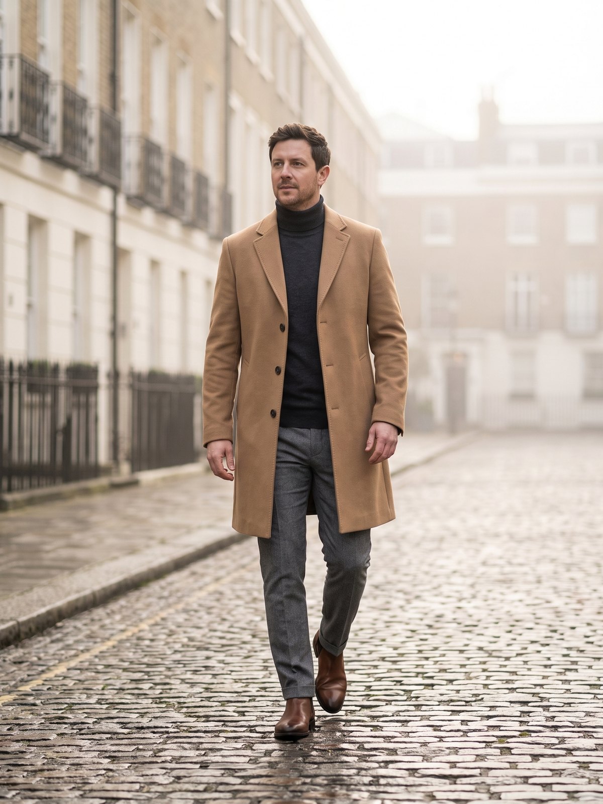 Man in a camel overcoat and charcoal roll neck walking past Georgian townhouses