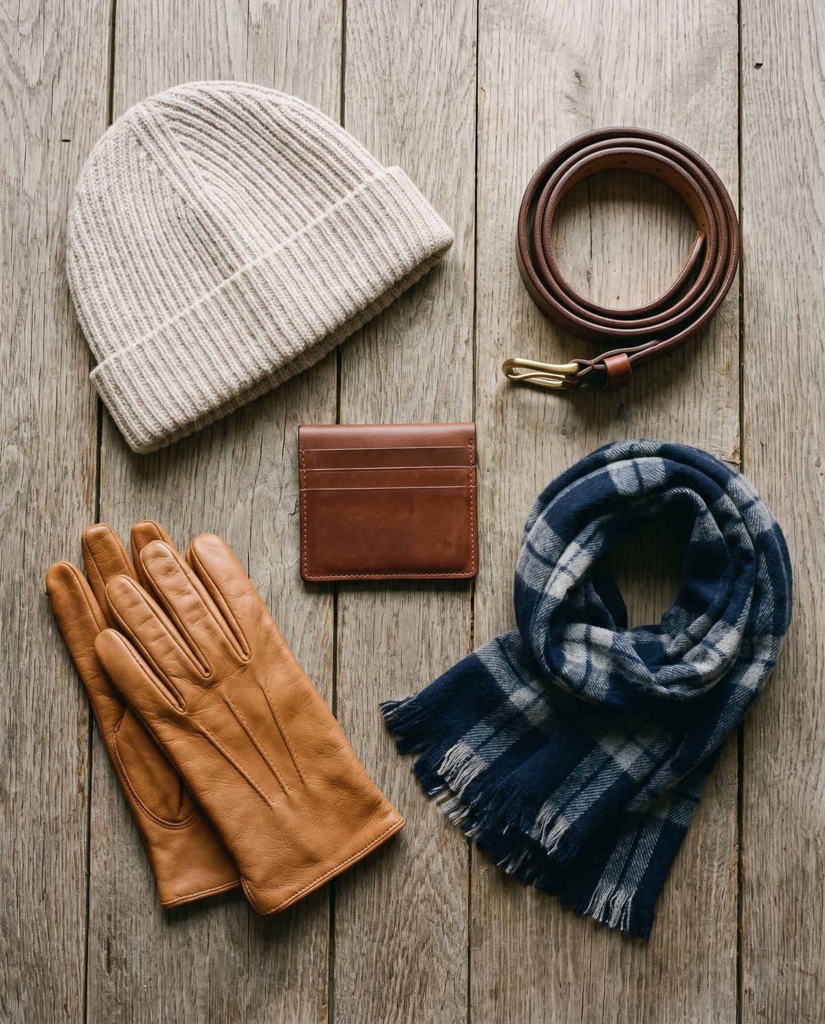 Oatmeal beanie, check scarf, leather belt, card holder and tan gloves on an oak table