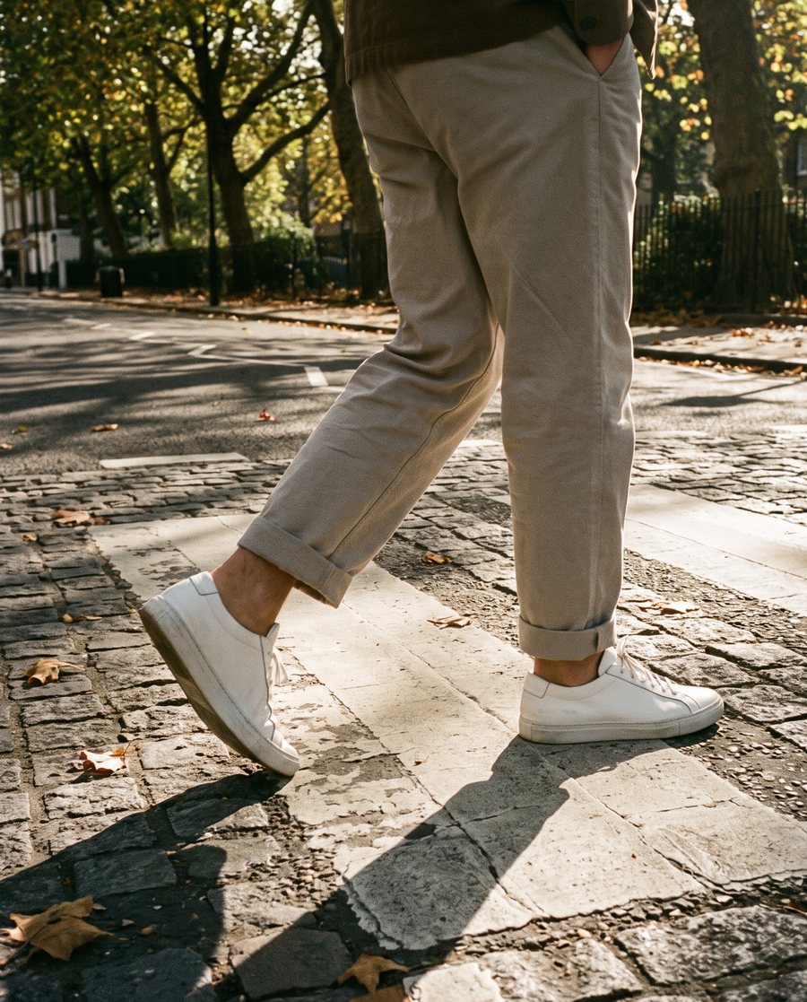White leather trainers on a London crossing