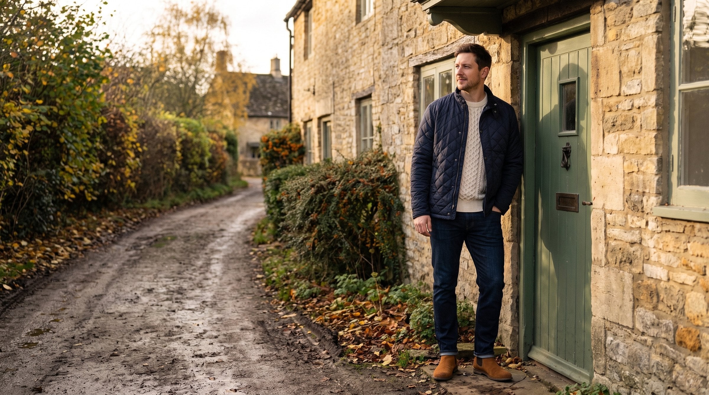 Man in a navy quilted jacket, cream cable jumper, dark jeans and tan suede Chelsea boots by a Cotswolds cottage door