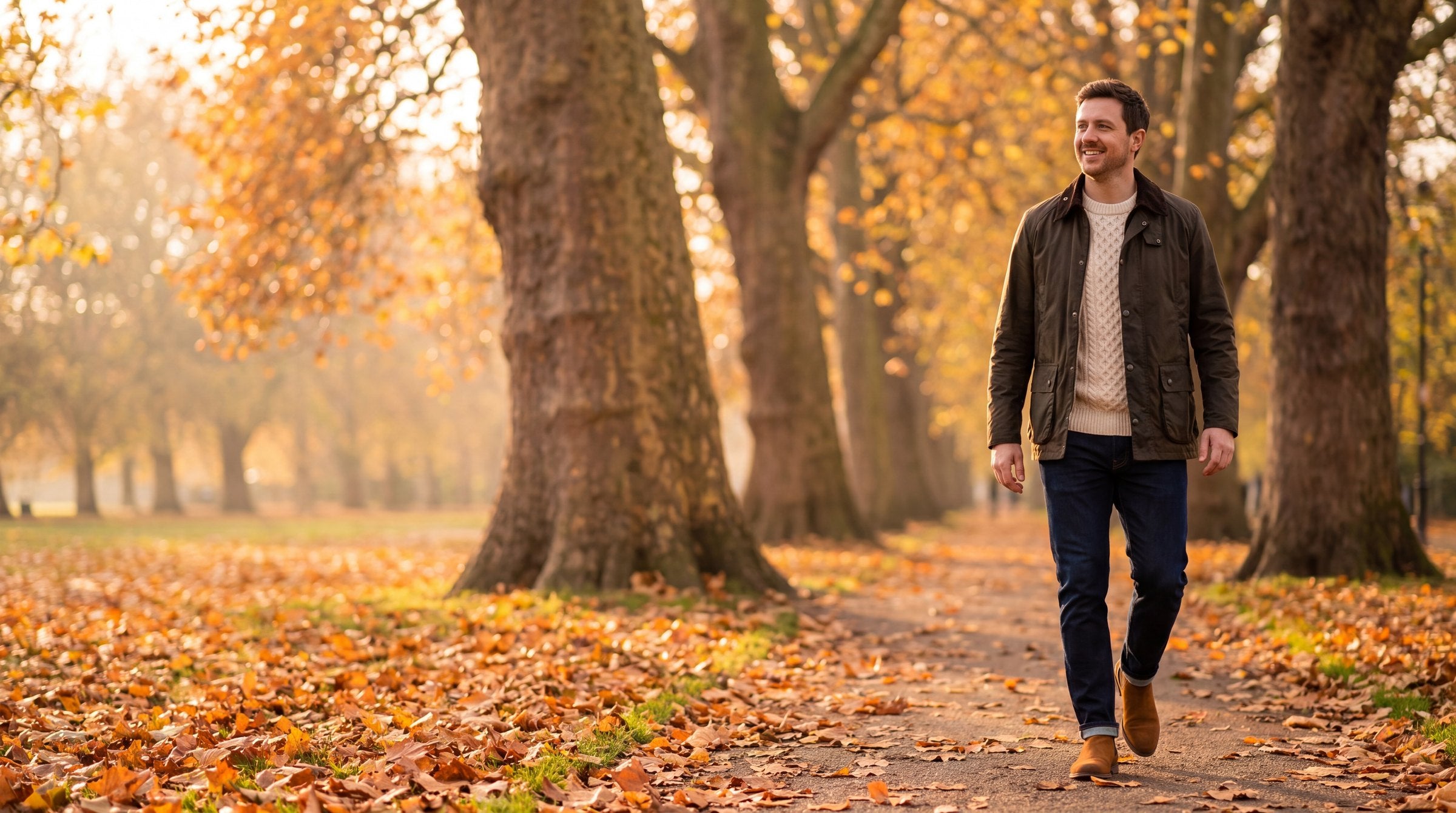 Man in an olive waxed jacket and cream cable jumper walking through a London park full of autumn leaves